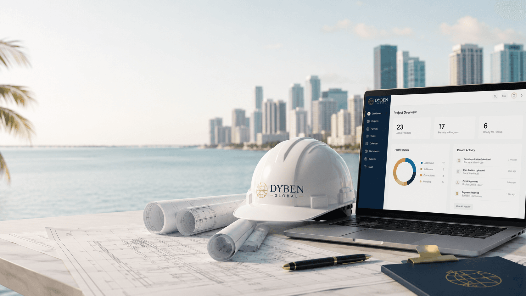 Architectural plans, hard hat, and laptop dashboard representing Florida permit coordination.